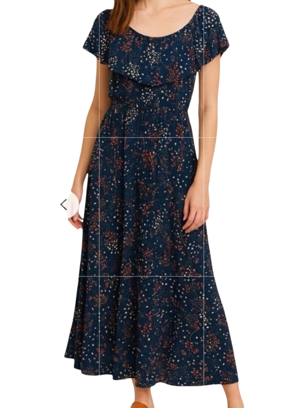 Margaux Riviera Floral Scoop-Neck Navy Maxi Dress with Ruffle Bodice Plus 3X New